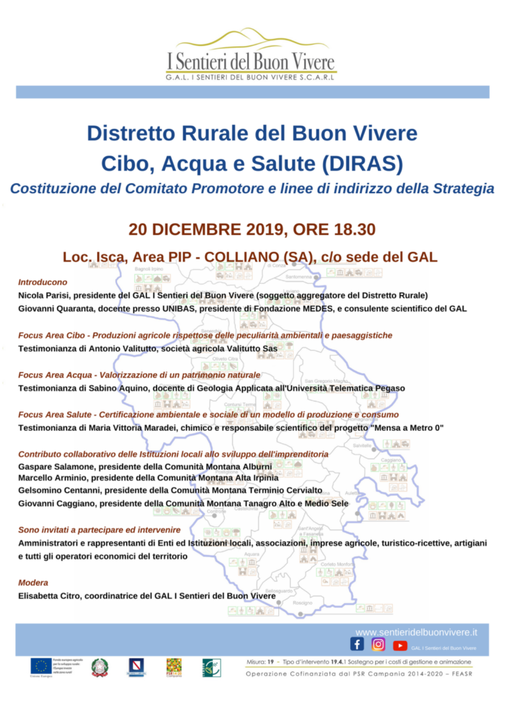 Distretto Rurale del Buon Vivere: Cibo, Acqua e Salute (DIRAS) - Costituzione del Comitato Promotore e Linee di indirizzo della Strategia, 20/12/2019 ore 18.30 - Colliano (SA)